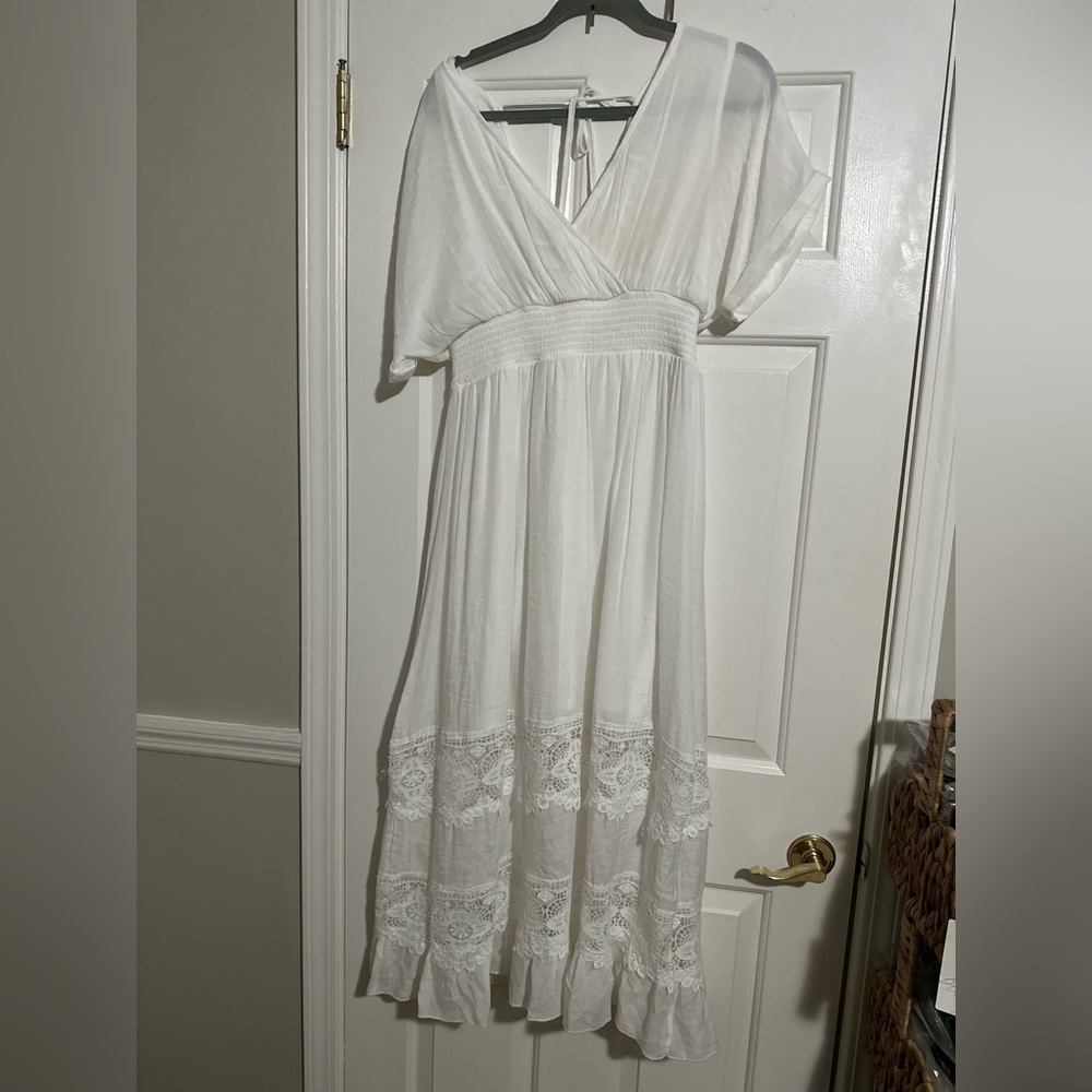 White Boho Lace Tiered Midi Dress - Women's